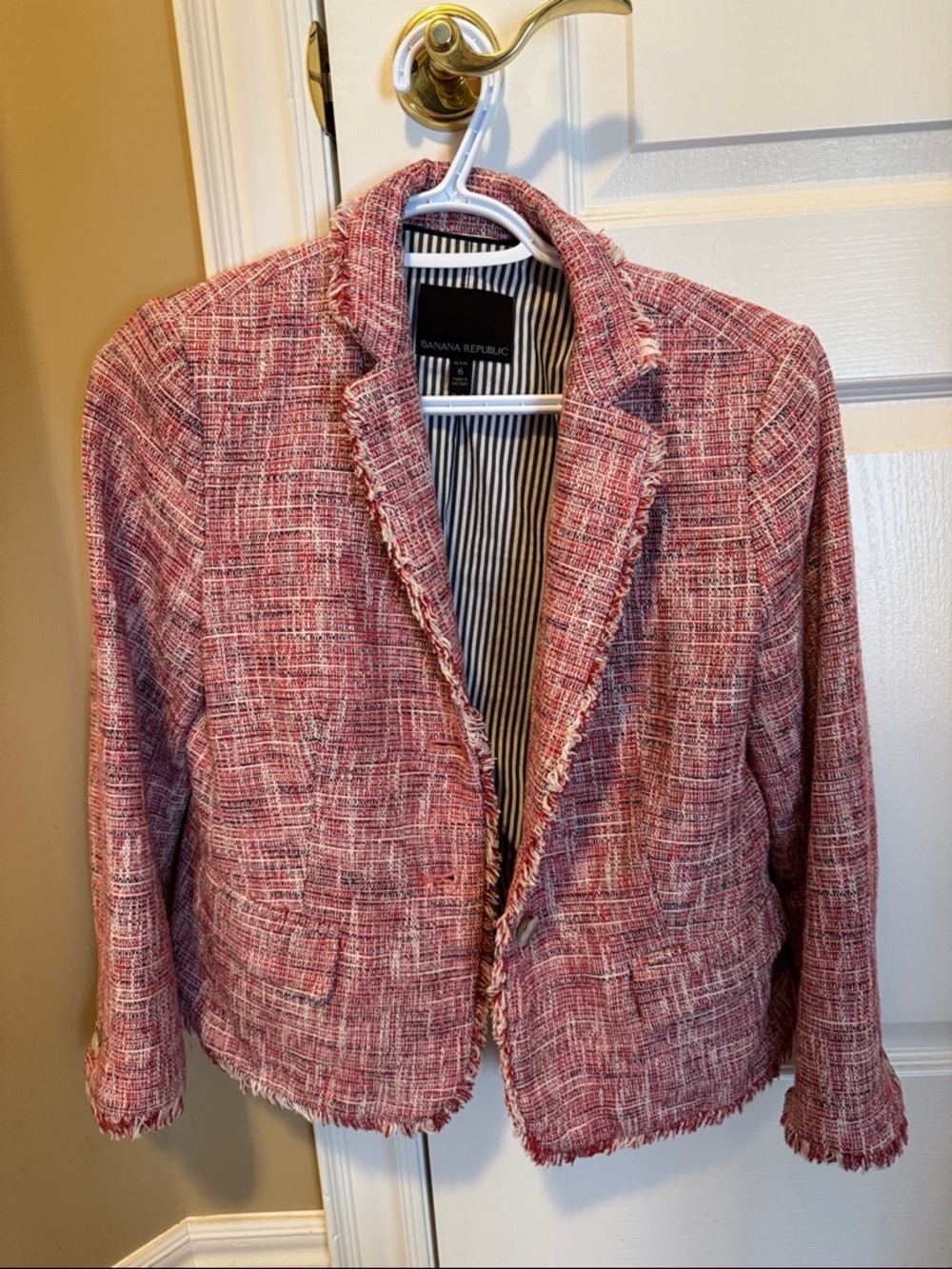 Banana Republic Pink Tweed Fringe-Trim Blazer